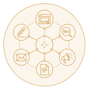 Connected nodes icon representing websites, SEO, ads, email and content working together